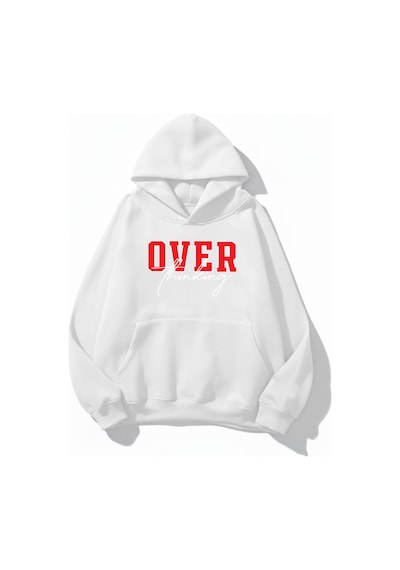 Uyguntarz Unisex Yumuşak Dokulu Over Thinking Baskılı Tasarım Oversize 3 İplik Hoodie Sweatshirt beyaz