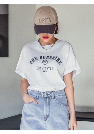 Flood Of Style Kadın Beyaz The Sunshine Baskılı Bisiklet Yaka Oversize T-shirt