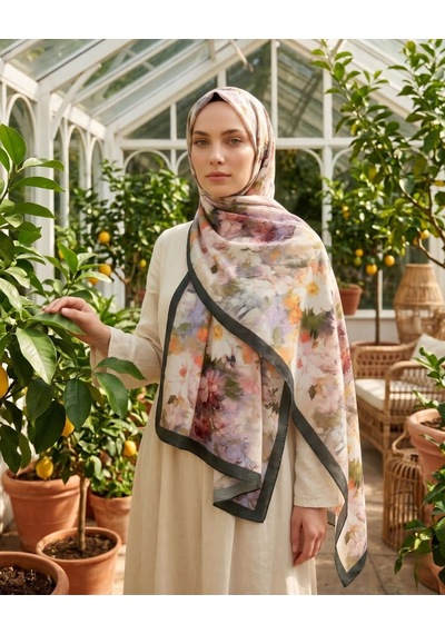 Moda Nuda Desenli Bambu Kraş Şal Siyah Çiçekli - Mira İpek