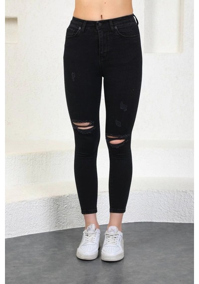 Füme Diz Yırtık Yüksek Bel Pantolon Skinny Jeans Füme