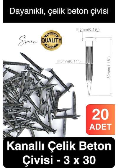 20 Adet 3x30 Kanallı Çelik Beton Çivisi 3 Cm Duvar Saat Ayna Resim Tablo Asmak Ahşap Metal Sivri Diğer