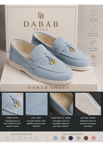 Dabab Shoes Lupy Kadın Mavi Süet Loafer Ayakkabı Gold Aksesuarlı Ortopedik Rahat Taban Casual Babet