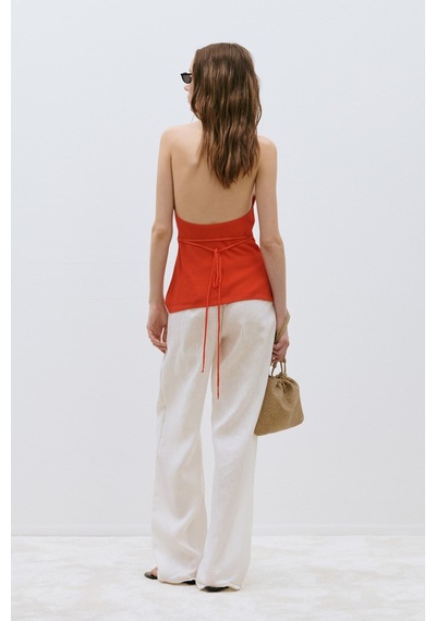 Suud Collection Turuncu Estel Halter Dökümlü Triko Bluz