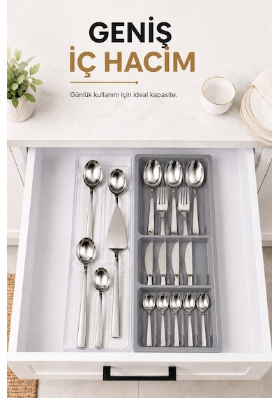 Çekmece İçi Kaşıklık Organizer Bölmeli Mutfak Düzenleyici Gri S-11030 Beyaz