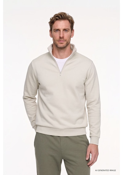 AC&Co / Altınyıldız Classics Standart Fit Normal Kesim İçi Polarlı Bato Yaka Pamuklu Erkek Sweatshirt Bej
