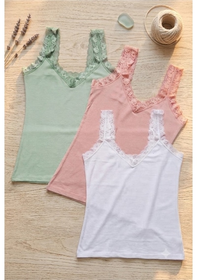 Demirsa Boutique Dantel Askılı Modal Kumaş 3'lü Kadın Atlet Beyaz, Pudra Ve Yeşil Renk Çok Renkli3 Demirsa Boutique Dantel Askılı Modal Kumaş 3'lü Kadın Atlet Beyaz, Pudra Ve Yeşil Renk Çok Renkli3