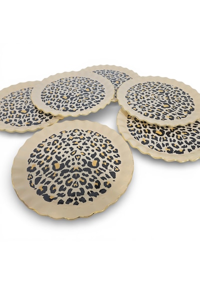 Sudedi Home 26 Cm Leopar Desenli Altın Yaldızlı Cam Servis Tabağı 6 Lı Set Çok Renkli