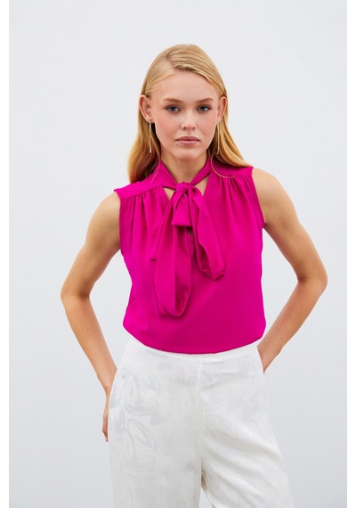 Sateen Fularlı Kolsuz Bluz - Fuşya