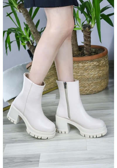 Asmi Shoes Kadın Leysi 8 Cm Platformlu Topuklu Fermuarlı Bot Krem Krem