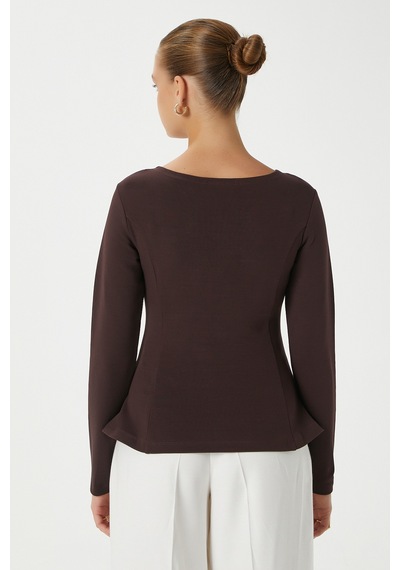 Ritnice Kadın Runa Premium Kahverengi Peplum Bluz Kahverengi