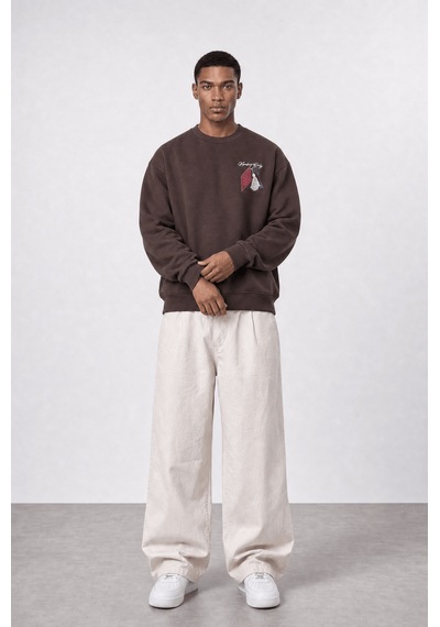 Respire Erkek Members Only Baskılı Oversize Sweatshirt Kahve