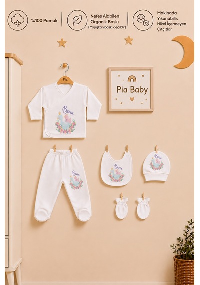 Pia Baby İsme Özel Kız Bebek %100 Pamuk Zıbın Şapka Önlük Eldivenli Set 2034z0x Krem