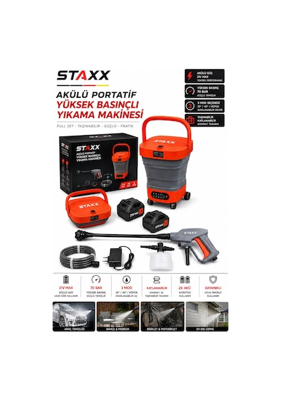 Staxx St70hr Bl Motor X2 Akülü Yüksek Basınçlı Oto Araç Bahçe Yıkama Akülü İlaçlama Tabancası Kovalı