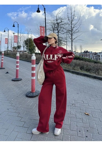 Freedom Storee Kadın 3 İplik Pamuklu Yakalı Sweat Baggy Pantolonlu Takım - Bordo Çok Renkli