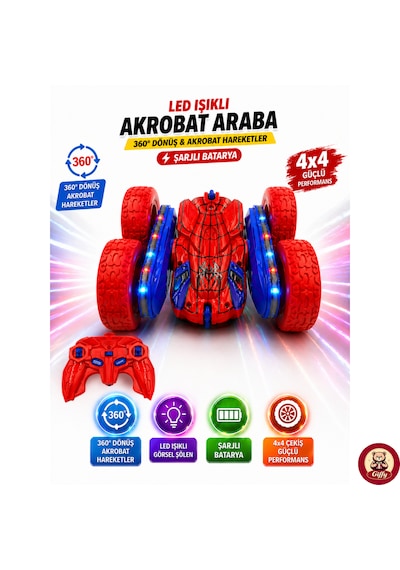 Oyuncak Led Işıklı 360 Akrobat Uzaktan Kumandalı Araba Şarjlı 4x4 Off Road Dublör Oyuncak Araba Kırmızı