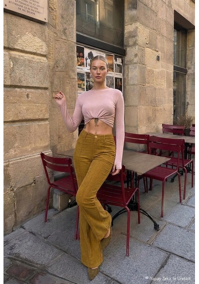Kadın Yağ Yeşili Flare Fit Pürüzsüz Dokulu Esnek Velvet Kadife Kumaş Pantolon Haki