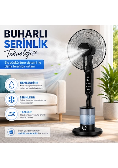 16 İnç Buharlı Vantilatör, 4l Su Hazneli Ayaklı Fan, Uzaktan Kumandalı, Led Ekranlı, 3 Hız Kademeli, 3 Modlu, Nemlendirici Özellikli, Salınımlı Sessiz Vantilatör