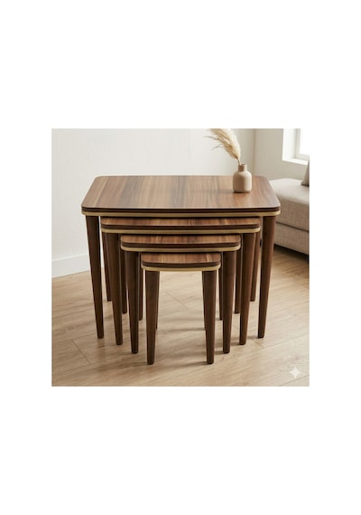 Ant Home Sahra 4 Lü Zigon Sehpa Seti Komple Lake Boyalı Gold Detaylı Modern Yan Sehpa Ceviz - Altın