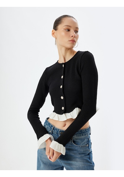 Koton Crop Hırka Düğmeli Fırfır Detaylı Bisiklet Yaka Slim Fit Siyah 5wal90024ık Siyah
