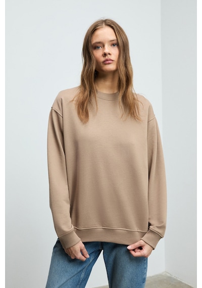 Grımelange KARIUS Kadın Organik Pamuklu İçi Polarlı Oversize Yuvarlak Yakalı Açık Kahverengi Sweatshirt