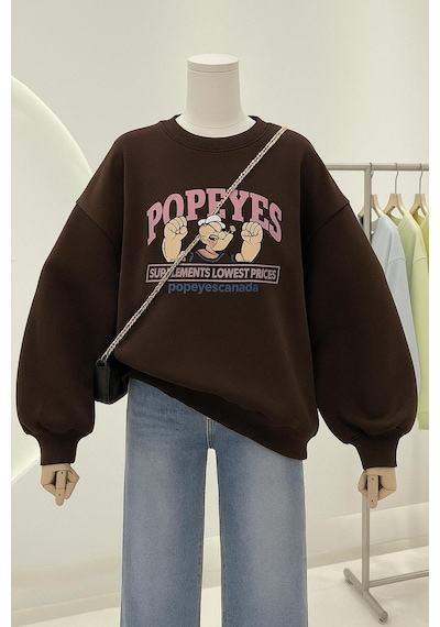 Benroma 3 İplik Penye Popeyes Baskılı Unisex Sweatshırt Kahverengi