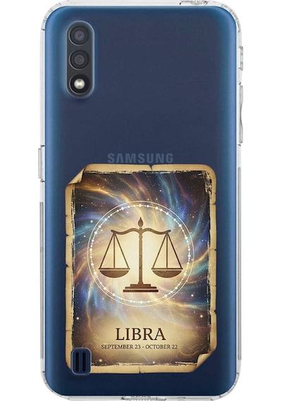 Samsung Galaxy A01 İle Uyumlu Burç Kartları Terazi Tasarımlı Şeffaf Silikon Kılıf Şeffaf