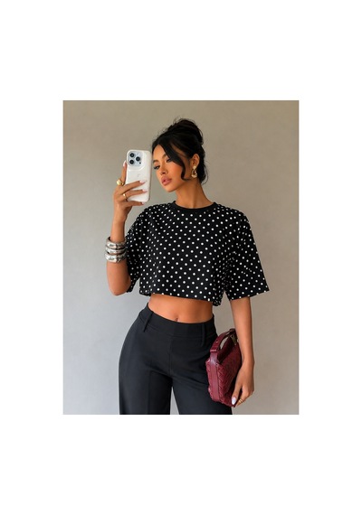 Hımmelduf Kadın Puantiye Desenli Crop Tişört Basic Oversize Yazlık Bluz Siyah