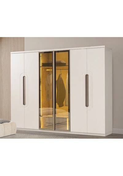Hale Mdf Membran 6 Kapaklı Reflekte Camlı Gardırop Ve Yatak Odası Takımı Beyaz