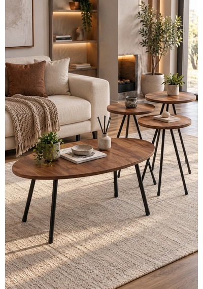 Sulorahome Ceviz Desenli Metal Ayaklı 4'lü Sehpa Seti