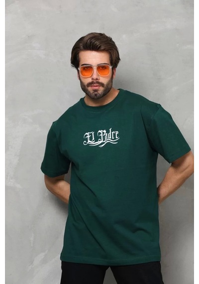 Unisex Bisiklet Yaka Baskılı Oversize T-shirt - Yeşil