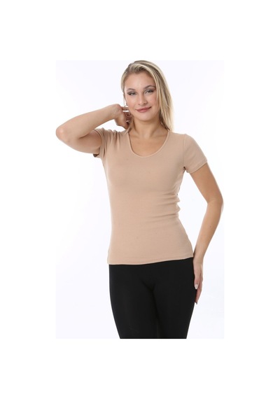 Rooted-kadın Basic V Yaka T-shirt ,fitilli Kaşkorse Kumaş Bluz Bej