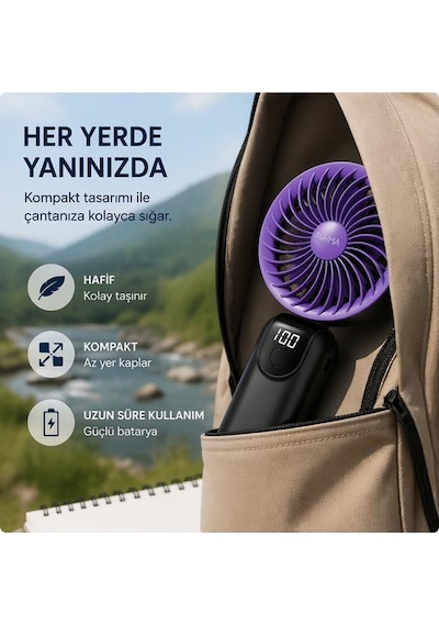 Ayrex Robeve Auhma Aufn19 5 Kademeli Güçlü El Fanı Mini Fan Şarjlı Taşınabilir Mini Vantilatör, Dijital Ekr