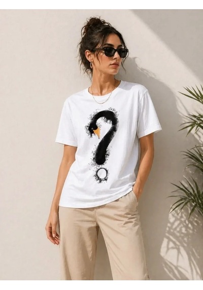 Defymoda Kuğu Figürlü Soru İşareti Baskılı Tişört Kısa Kol T-shirt - Beyaz