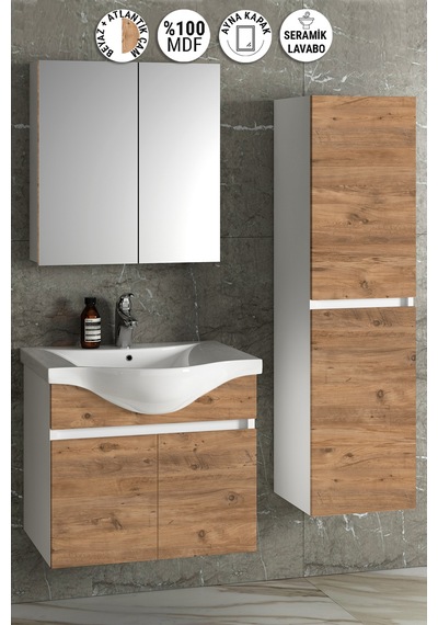Yıldız 55+35 Cm Beyaz-atlantik Çam Mdf Seramik Lavabolu Asma Banyo Dolabı Takımı Beyaz - Atlantik Çam