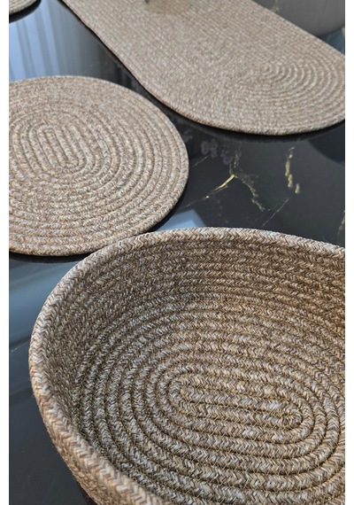 6 Lı Oval Supla 1 Runner 1 Dekoratif Ekmek Sepeti Seti Desenli Sunumluk Yemek Takımı Çok Renkli