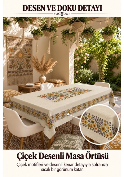 Vivanni Home Yıkanabilir Dikdörtgen Masa Örtüsü Günlük Kullanıma Uygun Pratik Ve Uzun Ömürlü Çiçekli Model