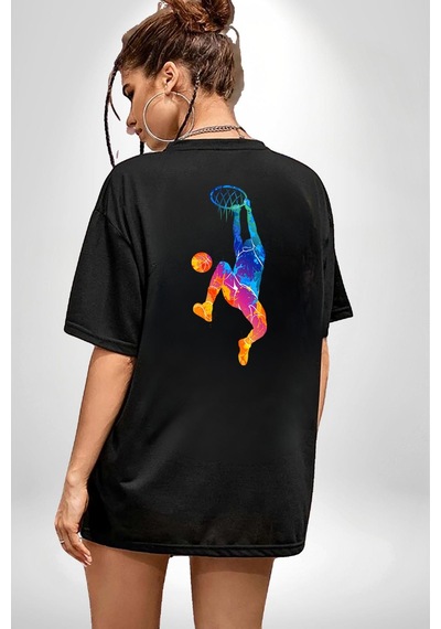 Smaç Basketbol Renkli Siyah Oversize Unisex Ön Ve Sırt Baskılı Tişört Siyah