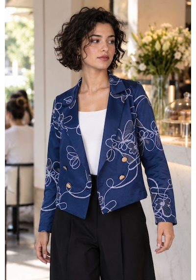 Armonika Kadın Lacivert Kruvaze Yaka Desenli Crop Ceket Arm-27k001025