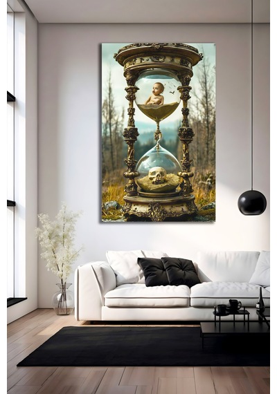 Zamanın Gizemi Cam Tablo Kum Saati Ve Yaşam Ölüm Temalı Sürrealist Dekoratif Duvar Tablosu Vintage Gold Premium Salon Ve Ofis Dekoru