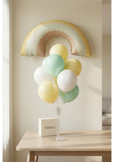 Retro Gökkuşağı Sarı Balon Stand Seti Şeffaf 7 Li Stand + Retro Gökkuşağı Folyo Balon 81 44 Cm + 7 Lateks Balon