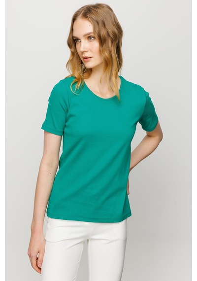 Kadın Sıfır Yaka Kısa Kol Pamuk Kaşkorse T-shirt Yeşil Yeşil