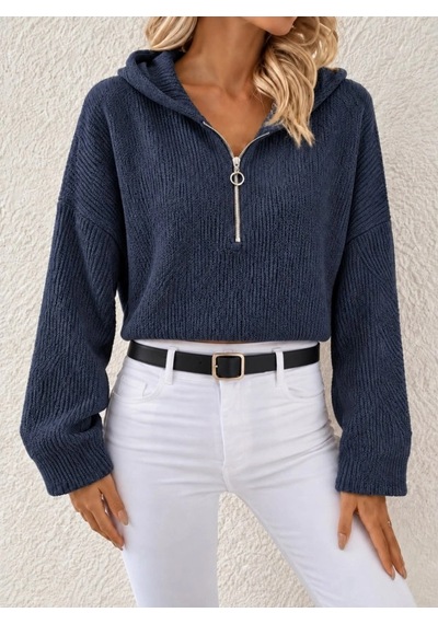 DefyModa Kapüşonlu Fermuarlı Dokulu Sweatshirt Lacivert