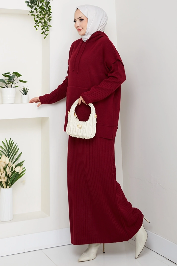Bestenur Kapüşonlu Tunik Elbise Triko Takım 1645 - Bordo Bordo