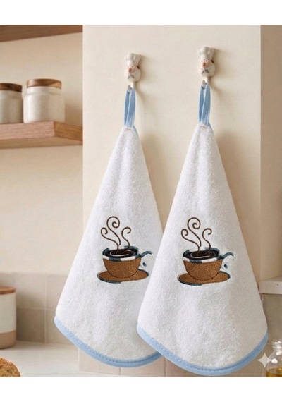 %100 Pamuk Yuvarlak Mutfak Havlusu 50 Cm 2 Li Set Yüksek Emicilik, Askı Halkalı, Nakışlı Şık Tasarım, Makinede Yıkanabilir Kurulama Bezi Beyaz