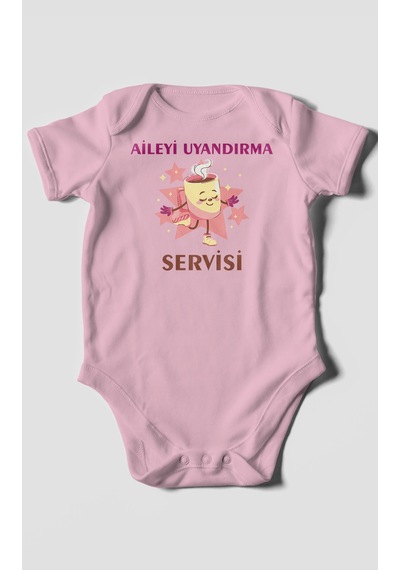 Aileyi Uyandırma Servisi Baskılı Bebek Zıbını Çıtçıtlı Body %100 Pamuk Kısa Kol Koyu Pembe