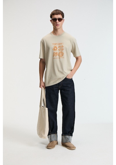 Grımelange SWEET Erkek %100 Pamuk Oversize Fit Baskılı Kısa Kollu Yuvarlak Yakalı Taş Rengi T-Shirt