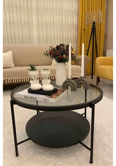 Nordic Orta Sehpa Temperli Cam 75 Cm Demonte Çizilmez Kırılmaz Metal Çerçeve Raflı Minimalist Sehpa - Siyah Siyah