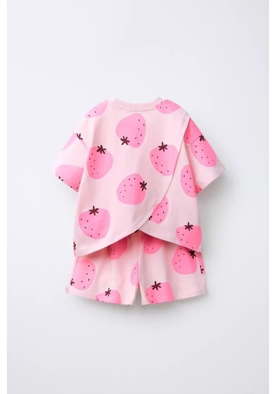 Magu Kız Çocuk Pamuklu Pembe Çilek Desenli T-shirt Şort Takım