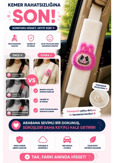 Bunny Beyaz Emniyet Kemeri Aksesuarı - Emniyet Kemeri Kılıfı-araç Emniyet Kemeri Omuz Koruyucu 1 Adet