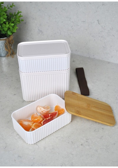 Zebra 3'lü Bambu Kapaklı Lunch Box 1 Lt + 2x 0,50 Lt- Kare Lastikli Saklama Kabı Seti Krem